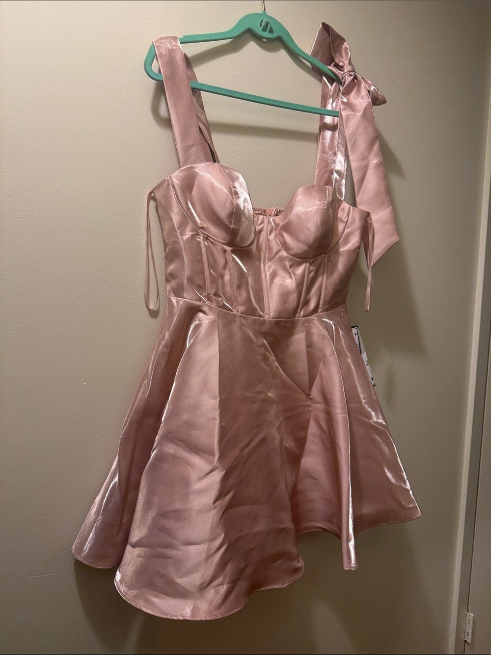Woman’s b Darlin  Satin Pink Party Dress with Bow Shoulder